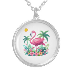 Tropical/Florida pink flamingo Silver Plated Necklace