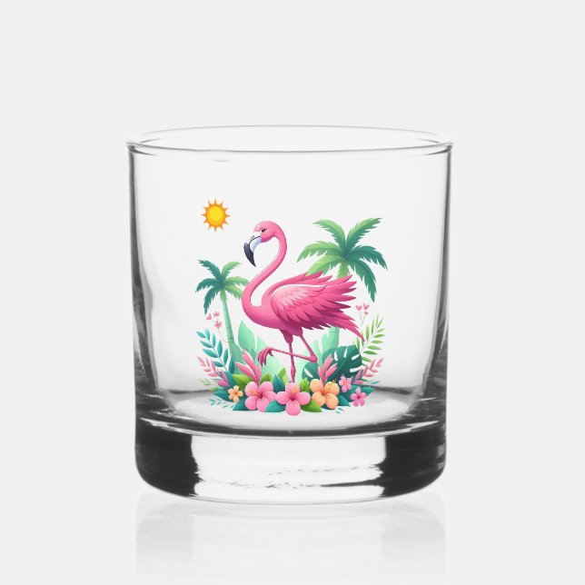 Tropical/Florida pink flamingo Whiskey Glass (Back)