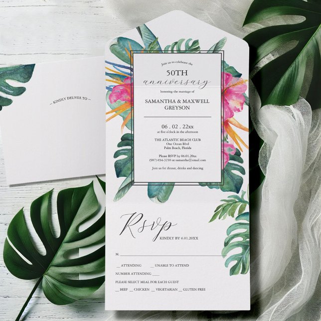 Tropical Flower 50th Wedding Anniversary All In One Invitation (50th wedding anniversary invitations with rsvp watercolor tropical floral art Victoria Grigaliunas)