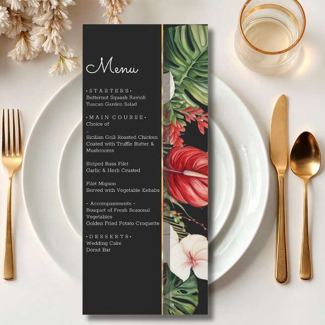 Tropical flower and leaves dark watercolor wedding menu (Creator Uploaded)