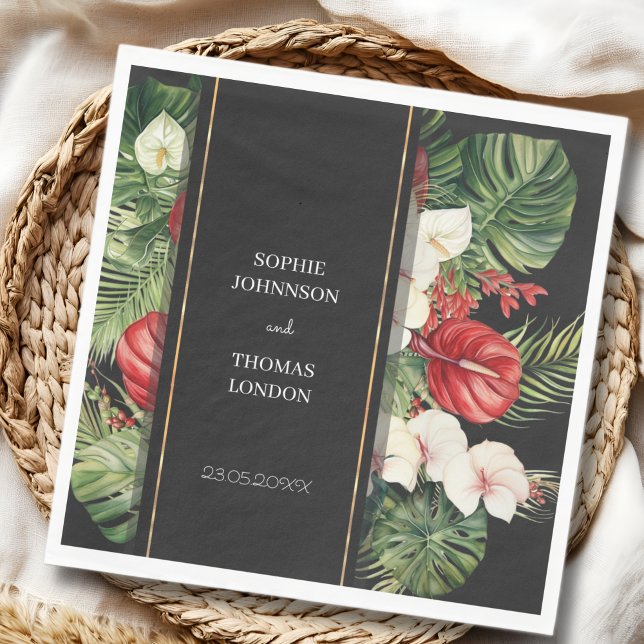 Tropical flower and leaves dark watercolor wedding napkins (Creator Uploaded)
