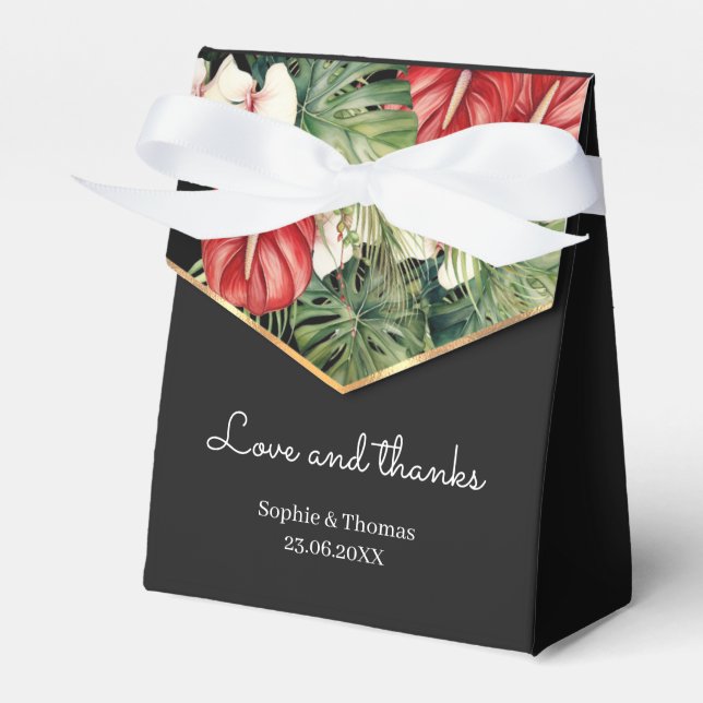 Tropical flower and leaves dark wedding favor boxes (Front Side)