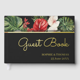Tropical flower and leaves dark wedding foil guest book 