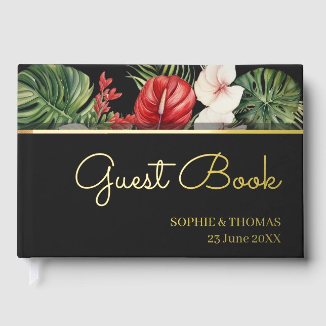 Tropical flower and leaves dark wedding foil guest book  (Front)