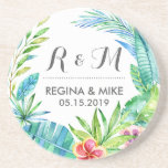 Tropical Flower and Leaves Wreath Spring Wedding Coaster<br><div class="desc">This vintage and rustic watercolor tropical flower and leaves wreath illustration is perfect for wedding, bridal shower, engagement party and anniversary celebration party favor. Get this chic and elegant floral design for your outdoor spring wedding, in the country or at a romantic botanical garden. Personalize the text using hand lettering...</div>