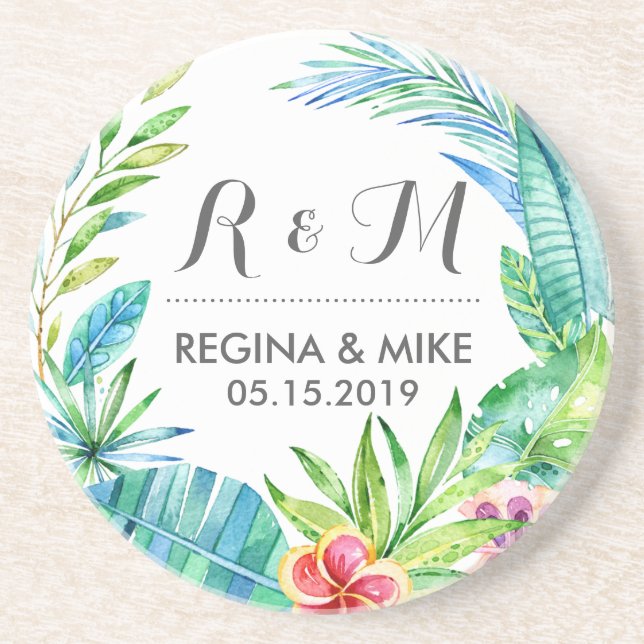 Tropical Flower and Leaves Wreath Spring Wedding Coaster (Front)