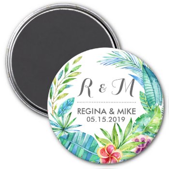 Tropical Flower And Leaves Wreath Spring Wedding Magnet by raindwops at Zazzle