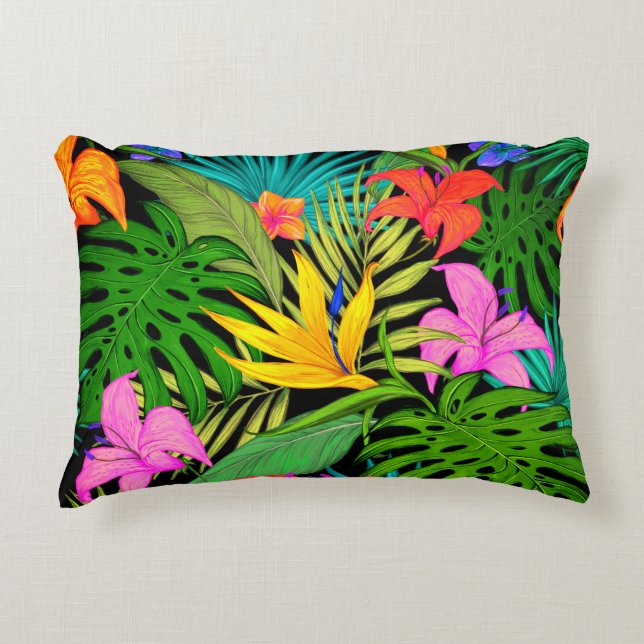 Tropical flower and palm leaf Hawaiian colorful Accent Pillow (Front)