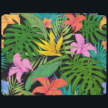 Tropical flower and palm leaf Hawaiian colorful iPad Smart Cover<br><div class="desc">A vibrantly colored tropical print featuring tropical flowers and palm leaves on a black background. In colors of purple,  turquoise,  orange,  green and black.</div>