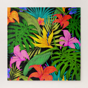 Tropical flower and palm leaf Hawaiian colorful Jigsaw Puzzle