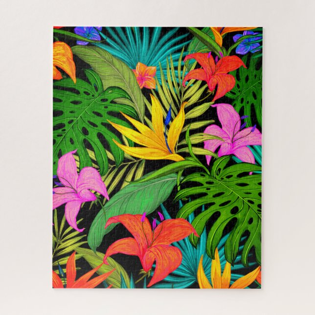Tropical flower and palm leaf Hawaiian colorful Jigsaw Puzzle (Vertical)
