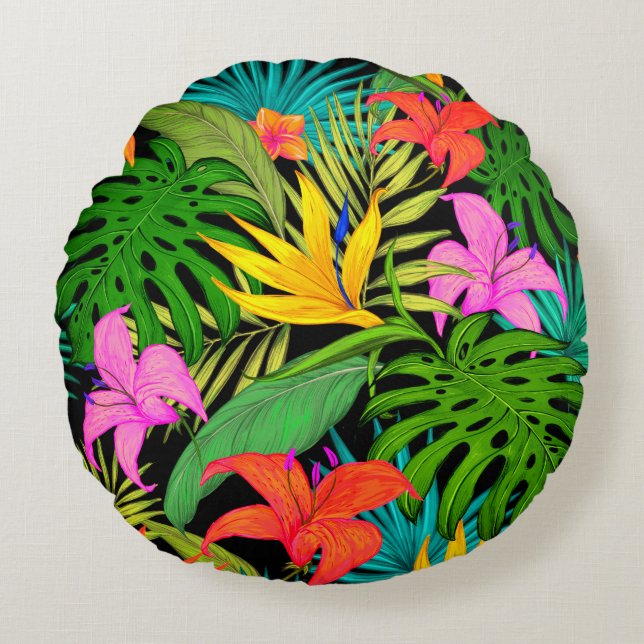 Tropical flower and palm leaf Hawaiian colorful Round Pillow (Front)