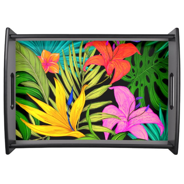 Tropical flower and palm leaf Hawaiian colorful Serving Tray (Front)