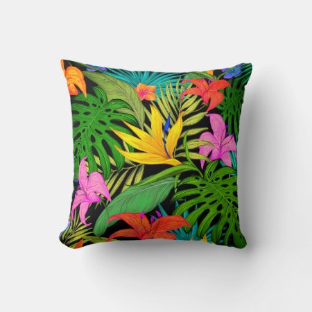 Tropical Flower And Palm Leaf Hawaiian Colorful Throw Pillow