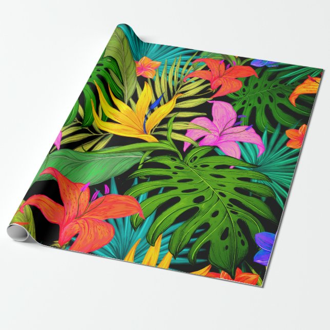Tropical flower and palm leaf Hawaiian colorful Wrapping Paper (Unrolled)