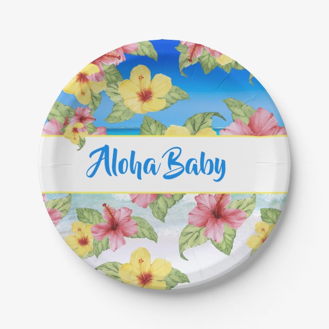 Tropical Flower Baby Shower Beach Aloha Paper Plates (Front)