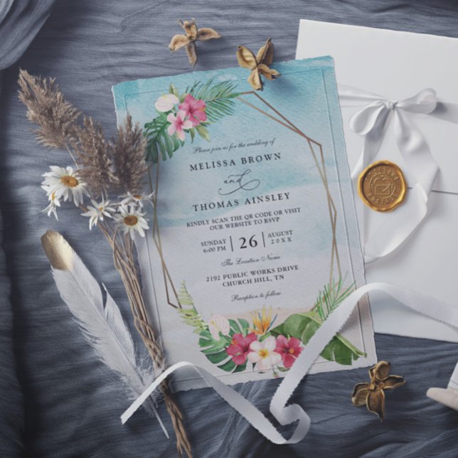Tropical Flower Beach Elegant QR Code Wedding Invitation (Creator Uploaded)