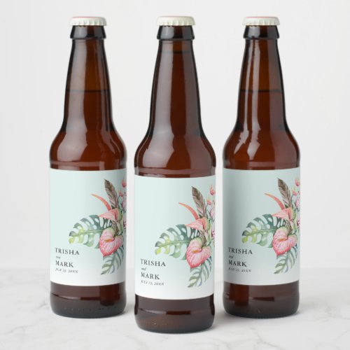 Tropical Flower Beach Wedding  Beer Bottle Label