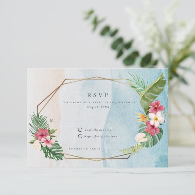 Tropical Flower Beach Wedding RSVP Card (Standing Front)
