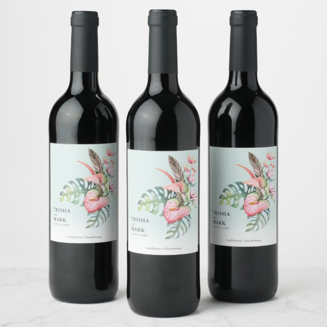 Tropical Flower Beach Wedding  Wine Label (Bottles)