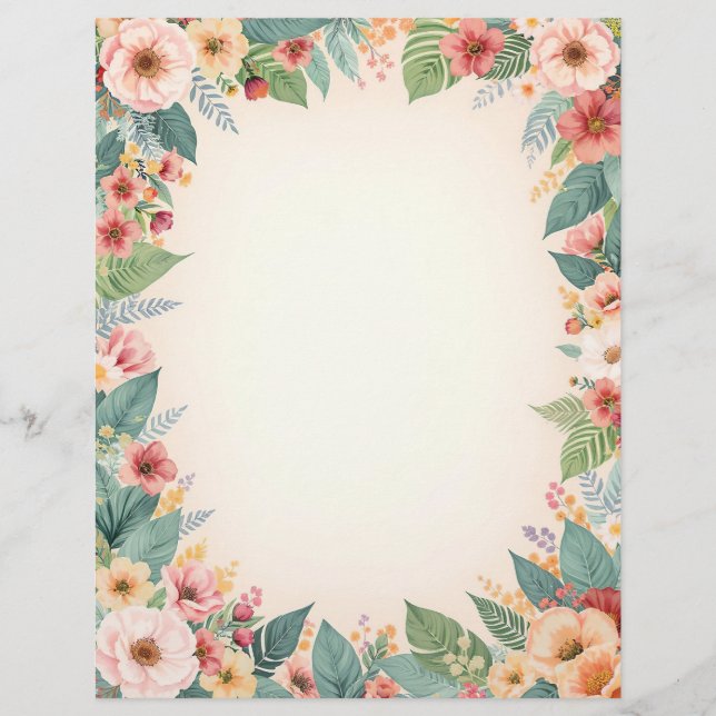 Tropical Flower Border Stationery Paper (Front)