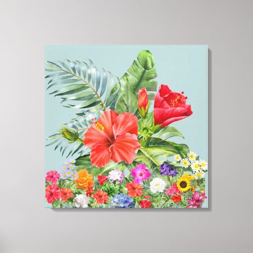 Tropical Flower Bouquet Palm Leave 24x24 Canvas Print