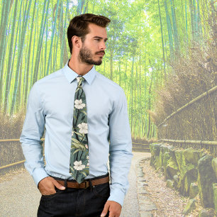 Tropical Flower Chinoiserie Asian Dusty Teal Print Neck Tie