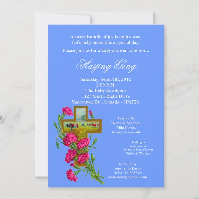 Tropical Flower Cross Baby Shower Invitation B7 (Front)