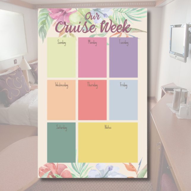 Tropical Flower Cruise Week Planner Magnetic Dry Erase Sheet (Customized Cruise Week Planner for inside your cabin - dry erase)