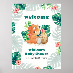 Tropical Flower Hatching Dino Baby Shower Welcome  Poster