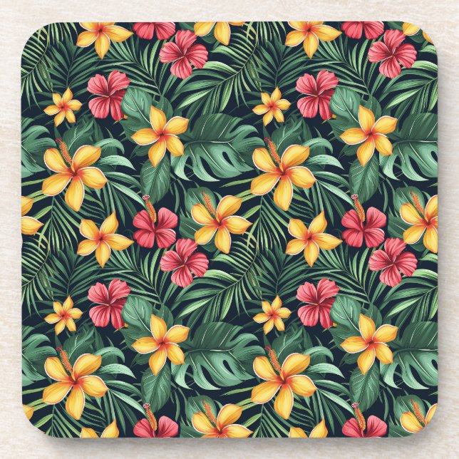 Tropical Flower Hibiscus Seamless Pattern Beverage Coaster (Front)