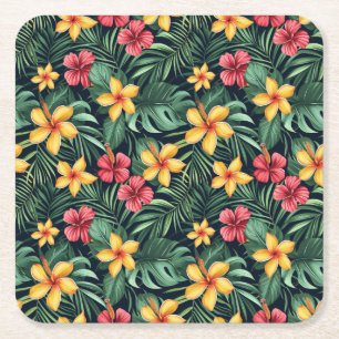 Tropical Flower Hibiscus Seamless Pattern Square Paper Coaster