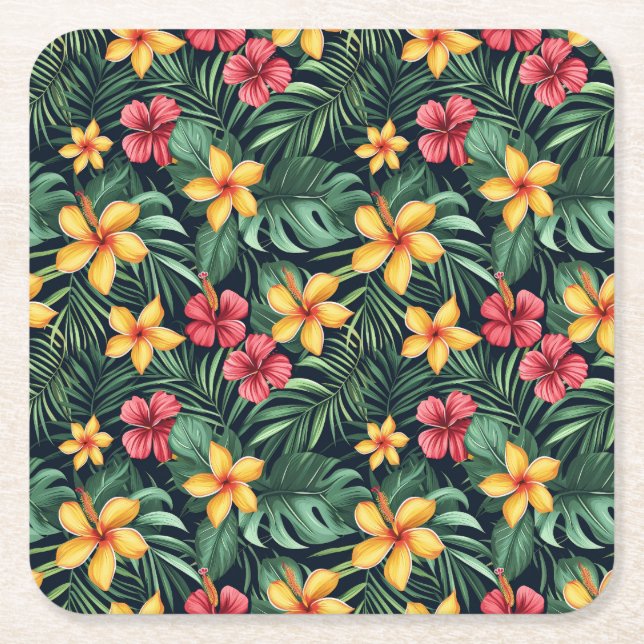 Tropical Flower Hibiscus Seamless Pattern Square Paper Coaster (Front)