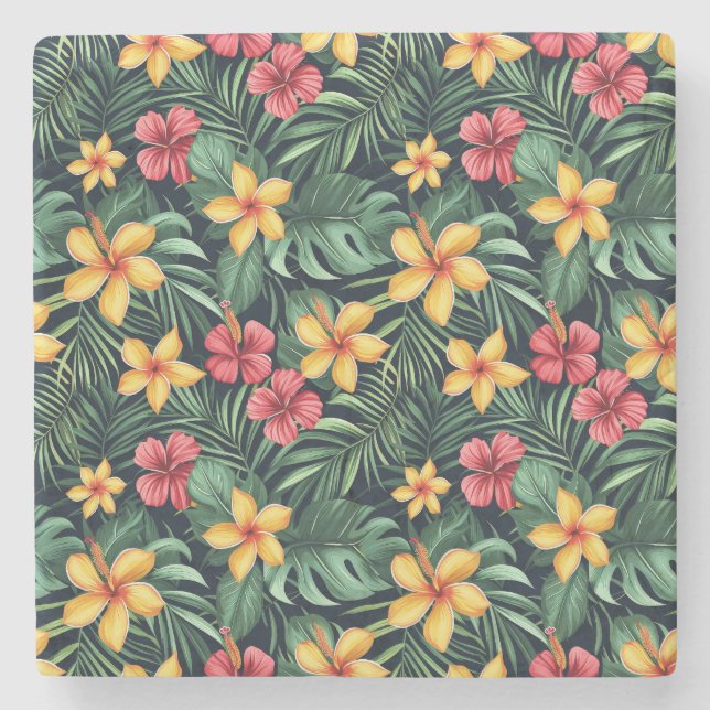 Tropical Flower Hibiscus Seamless Pattern Stone Coaster (Front)