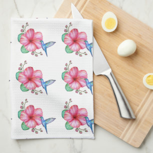 Tropical Flower Hummingbird White Kitchen Towel