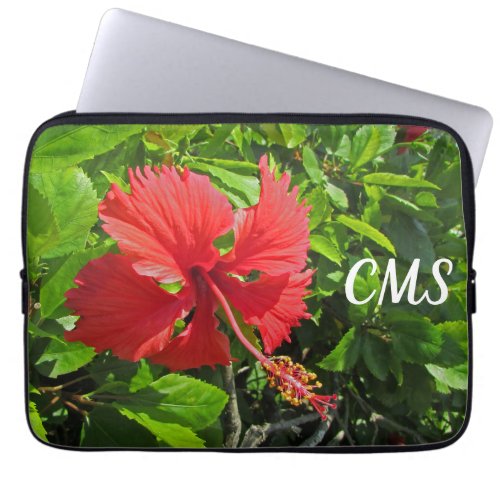 Tropical Flower Initials Bright Pink Island Floral Laptop Sleeve