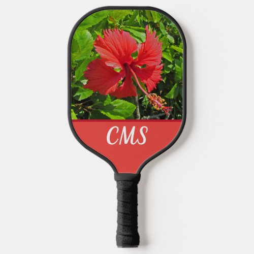 Tropical Flower Initials Bright Pink Island Floral Pickleball Paddle