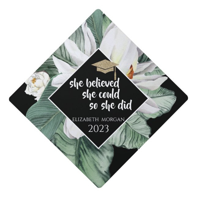 Tropical Flower Leaves Glitter Graduate Cap (Front)