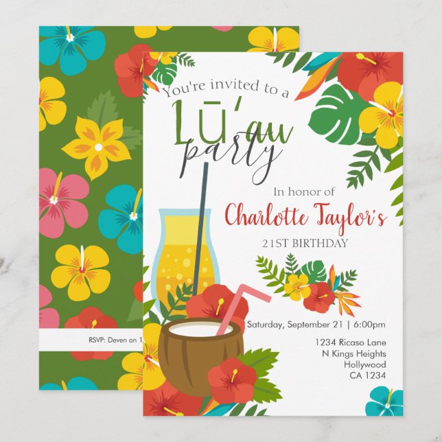 Tropical Flower Luau Party Invitation (Front/Back)