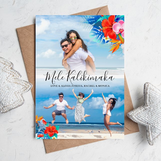 Tropical Flower Mele Kalikimaka Christmas 2 Photo Holiday Card (Creator Uploaded)