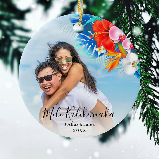 Tropical Flower Mele Kalikimaka Christmas Photo Ceramic Ornament (Creator Uploaded)