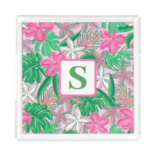 Tropical Flower Monogram Pink White Green Preppy Acrylic Tray