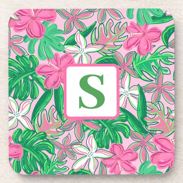 Tropical Flower Monogram Pink White Green Preppy  Beverage Coaster (Front)