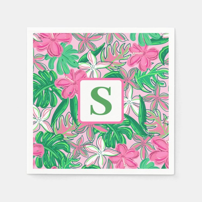 Tropical Flower Monogram Pink White Green Preppy Napkins (Front)