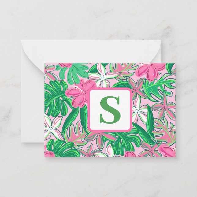 Tropical Flower Monogram Pink White Green Preppy Note Card (Front)