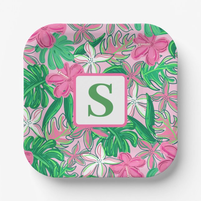Tropical Flower Monogram Pink White Green Preppy Paper Plates (Front)