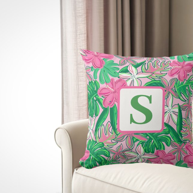 Tropical Flower Monogram Pink White Green Preppy Throw Pillow (Creator Uploaded)