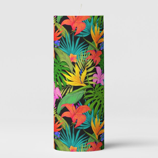 Tropical flower monstera leaf Hawaiian colorful  Pillar Candle (Front)