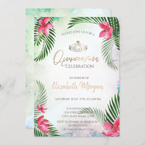 Tropical Flower Palm Cocktail Summer Quinceaera Invitation