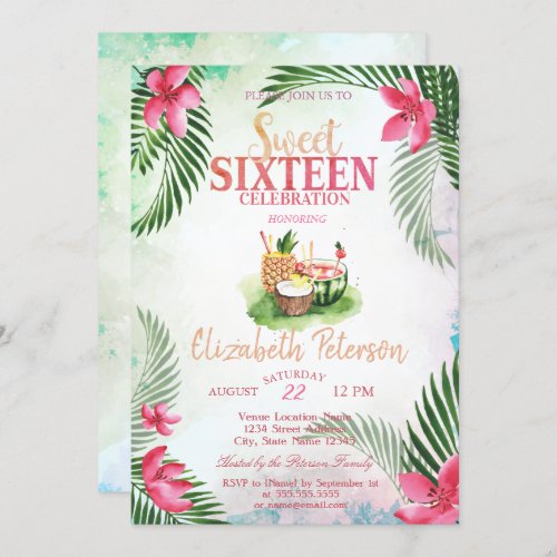 Tropical Flower Palm CocktailSummer Sweet 16 Party Invitation